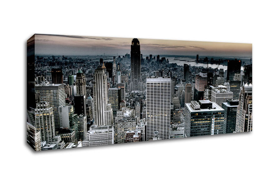 A vibrant canvas print of New York City skyline, mounted on a sturdy box frame, ready to hang.