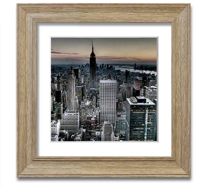 A beautifully framed print of New York City, showcasing vibrant colors and intricate details, ready to hang on the wall.