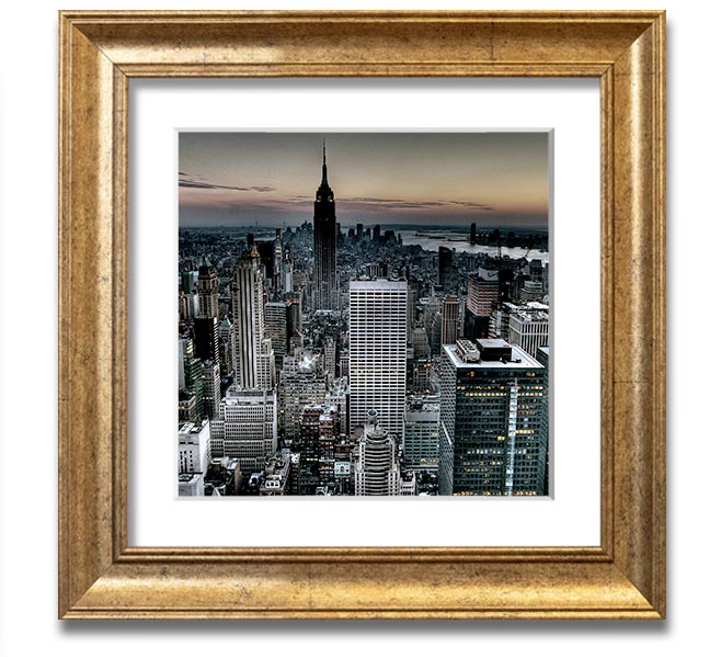 A beautifully framed print of New York City, showcasing vibrant colors and intricate details, ready to hang on the wall.