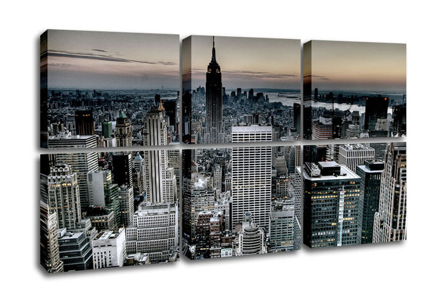 A vibrant canvas print of New York City skyline, mounted on a sturdy box frame, ready to hang.