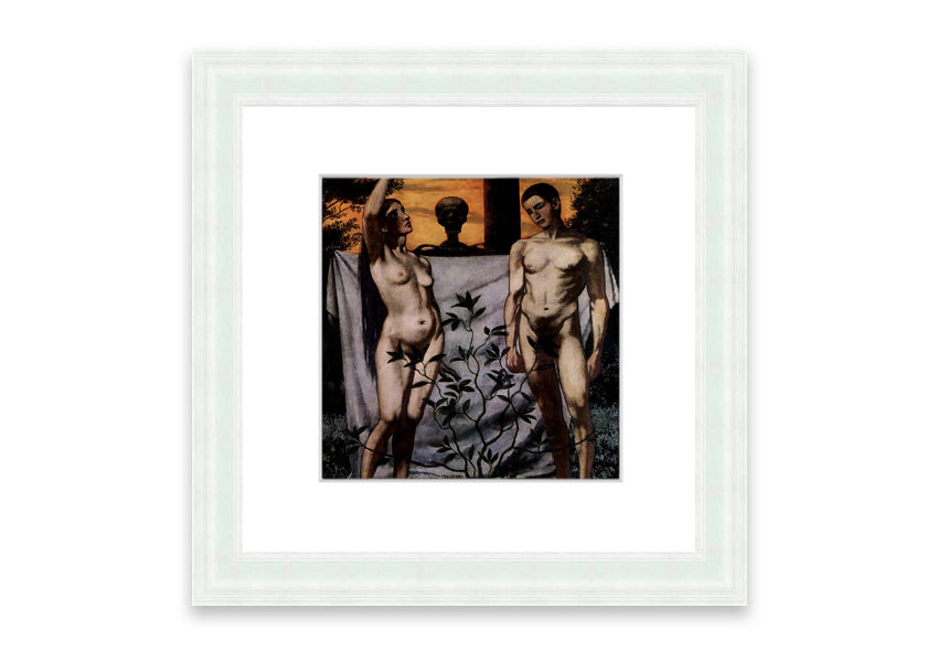 Framed print of 'Adam And Eve' by Hans Thoma, showcasing intricate details and vibrant colors, available in multiple frame options.