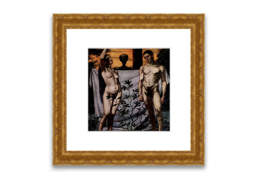 Framed print of 'Adam And Eve' by Hans Thoma, showcasing intricate details and vibrant colors, available in multiple frame options.