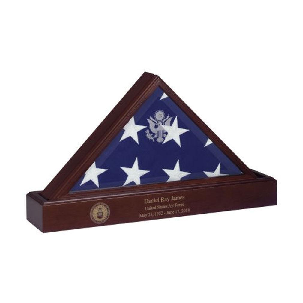 Admiral Flag Case with Pedestal Urn showcasing a flag display and hidden cremation urn, crafted from solid hardwood.