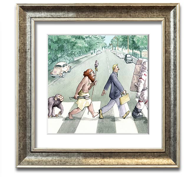 Square framed print titled 'Advancement Of Civilisation', showcasing artistic representation of human progress, available in various frame colours.