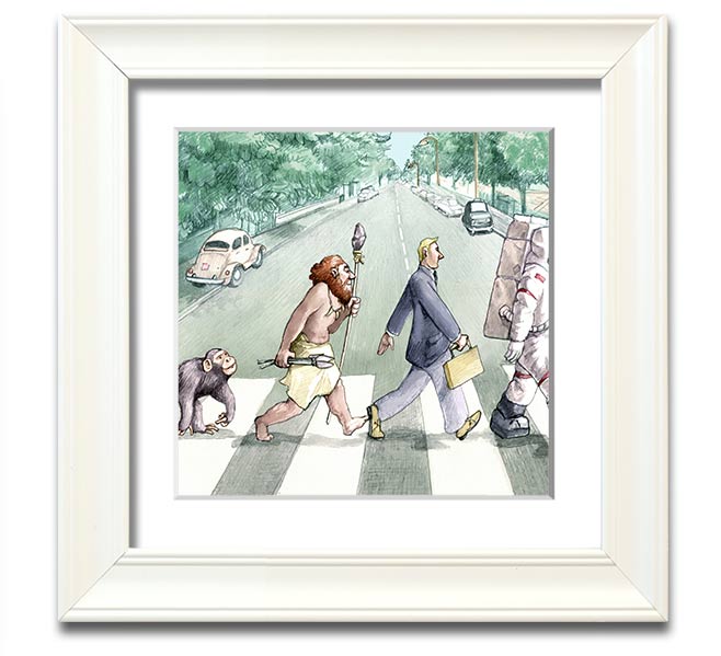 Square framed print titled 'Advancement Of Civilisation', showcasing artistic representation of human progress, available in various frame colours.