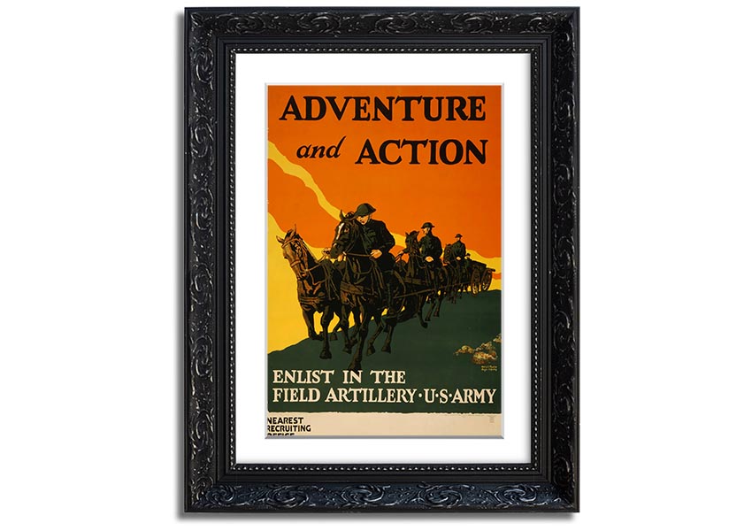 A beautifully framed print titled 'Adventure And Action', showcasing vibrant colors and dynamic imagery, ready to hang on the wall.