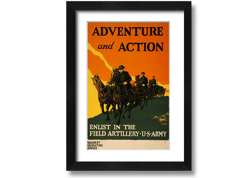 A beautifully framed print titled 'Adventure And Action', showcasing vibrant colors and dynamic imagery, ready to hang on the wall.