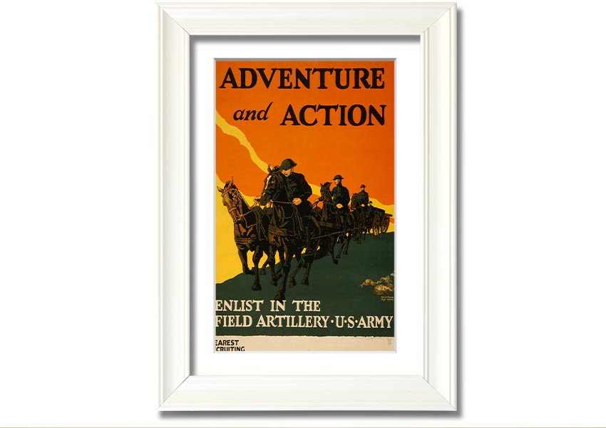 A beautifully framed print titled 'Adventure And Action', showcasing vibrant colors and dynamic imagery, ready to hang on the wall.