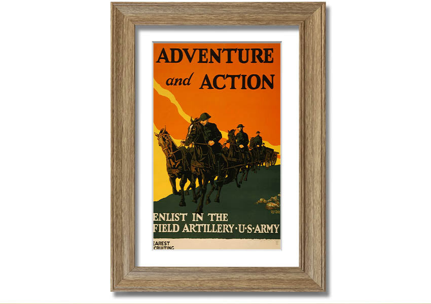 A beautifully framed print titled 'Adventure And Action', showcasing vibrant colors and dynamic imagery, ready to hang on the wall.