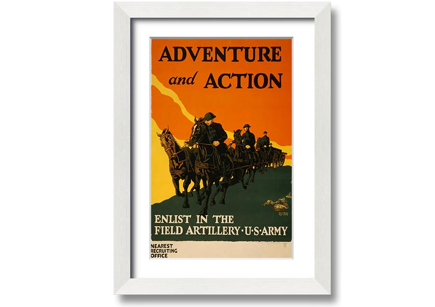 A beautifully framed print titled 'Adventure And Action', showcasing vibrant colors and dynamic imagery, ready to hang on the wall.