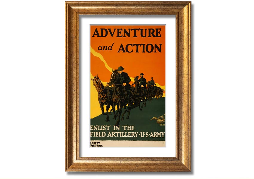 A beautifully framed print titled 'Adventure And Action', showcasing vibrant colors and dynamic imagery, ready to hang on the wall.