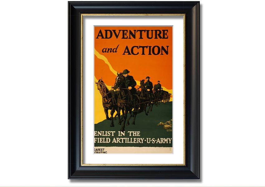 A beautifully framed print titled 'Adventure And Action', showcasing vibrant colors and dynamic imagery, ready to hang on the wall.