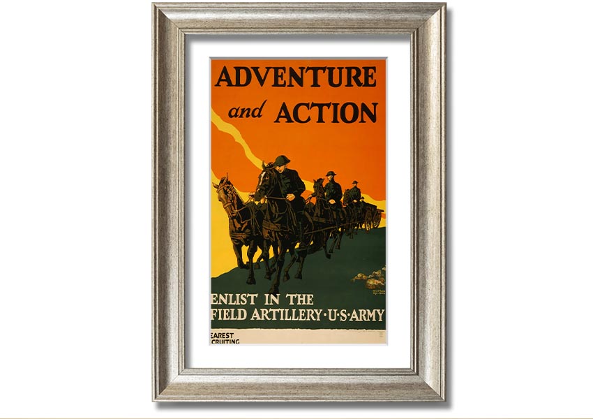 A beautifully framed print titled 'Adventure And Action', showcasing vibrant colors and dynamic imagery, ready to hang on the wall.