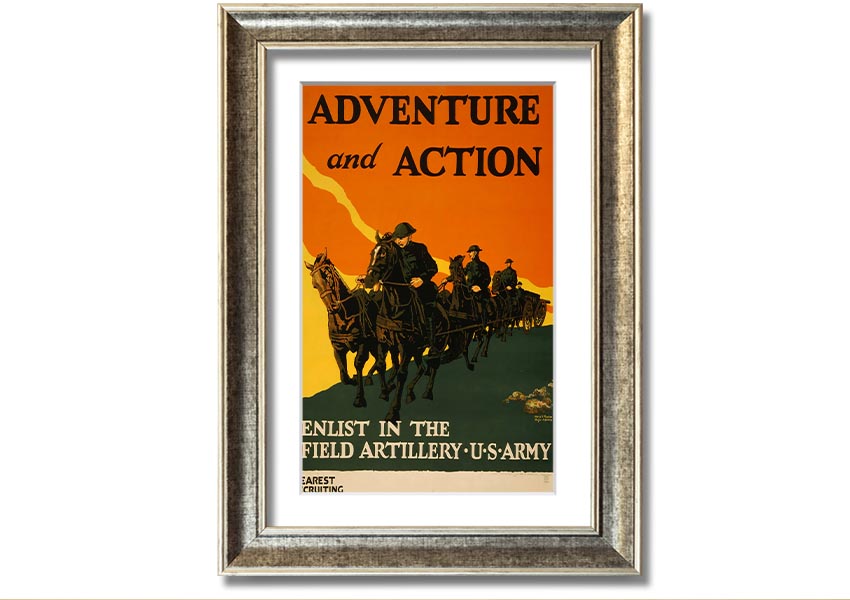 A beautifully framed print titled 'Adventure And Action', showcasing vibrant colors and dynamic imagery, ready to hang on the wall.