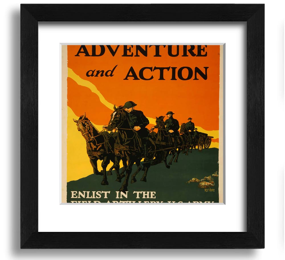 Adventure And Action Square Framed Print in multiple frame colors, showcasing vibrant imagery, ready to hang.