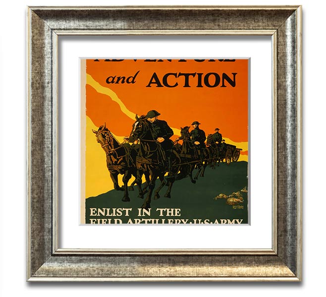 Adventure And Action Square Framed Print in multiple frame colors, showcasing vibrant imagery, ready to hang.