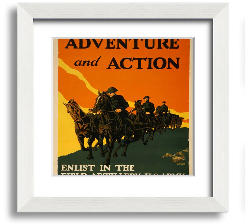 Adventure And Action Square Framed Print in multiple frame colors, showcasing vibrant imagery, ready to hang.