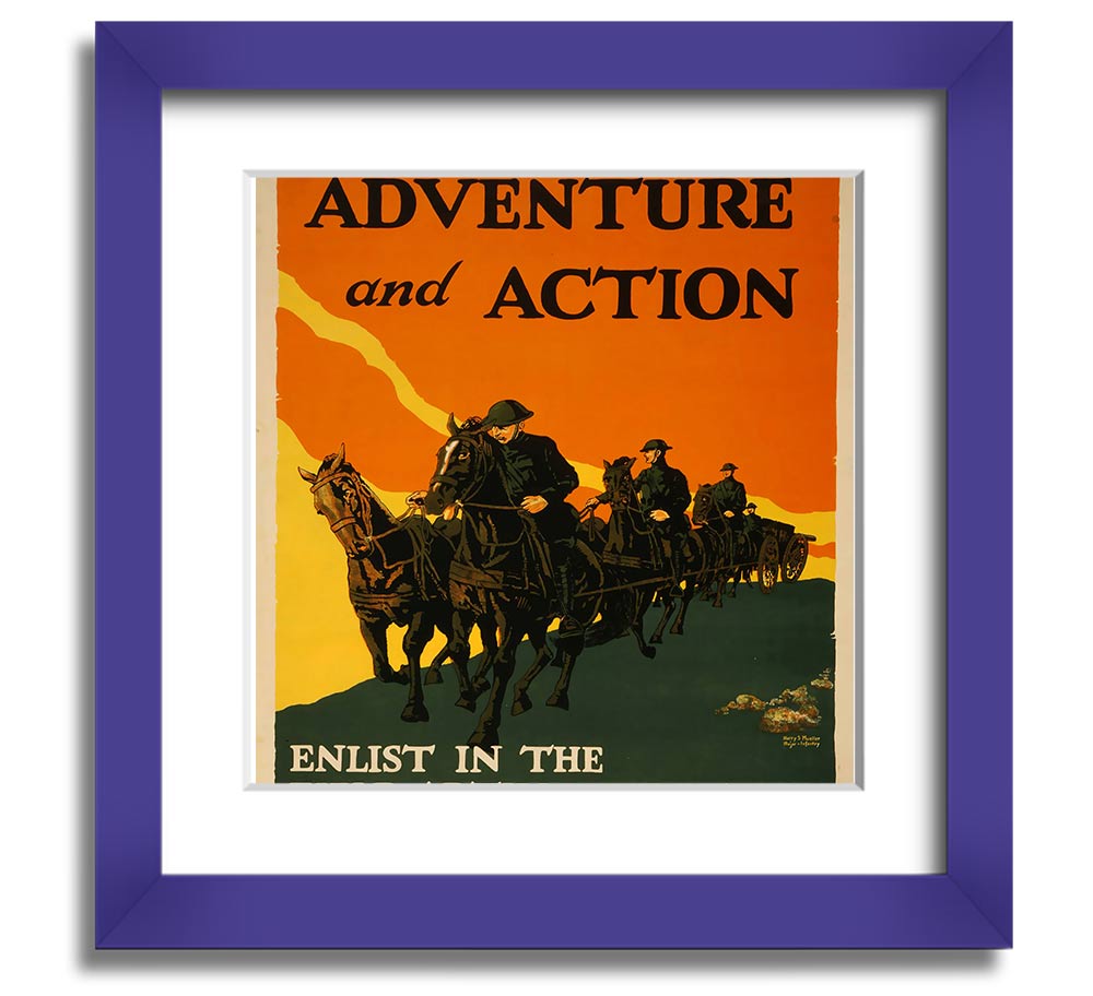 Adventure And Action Square Framed Print in multiple frame colors, showcasing vibrant imagery, ready to hang.