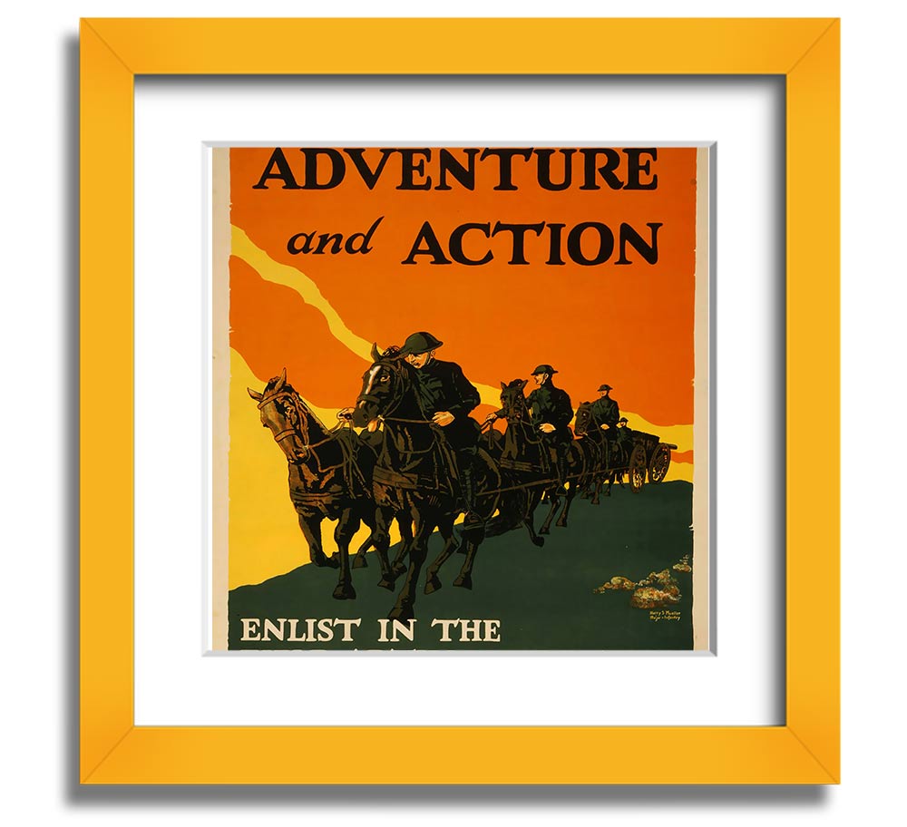 Adventure And Action Square Framed Print in multiple frame colors, showcasing vibrant imagery, ready to hang.