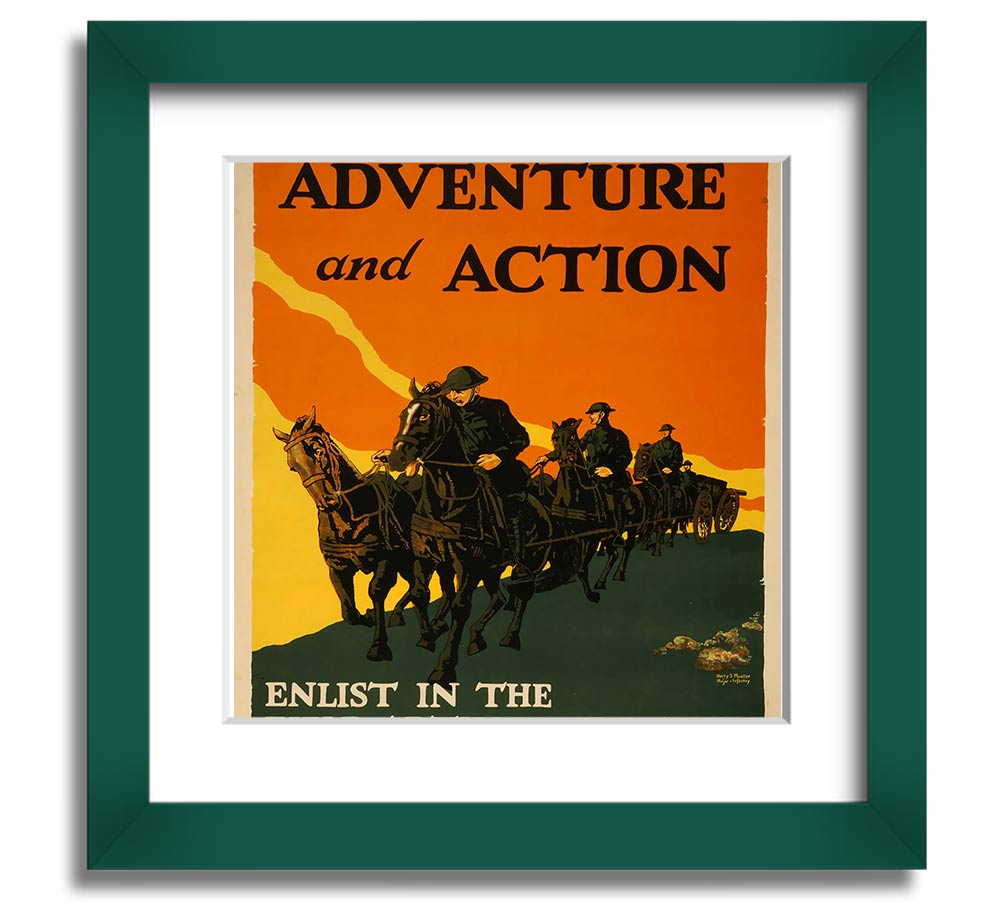 Adventure And Action Square Framed Print in multiple frame colors, showcasing vibrant imagery, ready to hang.