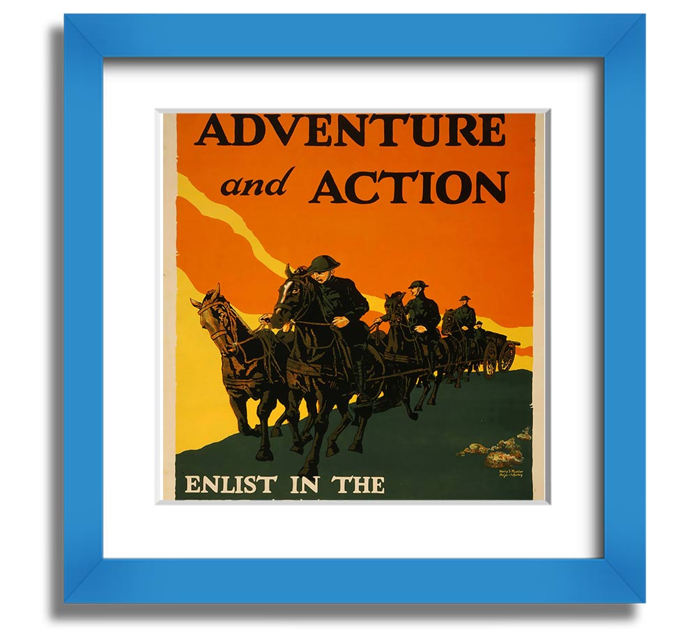 Adventure And Action Square Framed Print in multiple frame colors, showcasing vibrant imagery, ready to hang.