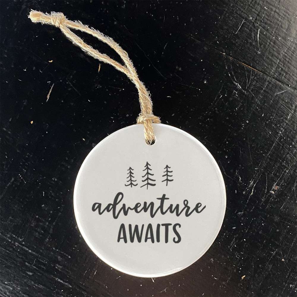 Adventure Awaits (Trees) porcelain ornament featuring a vibrant tree design, perfect for holiday decor or gifting.