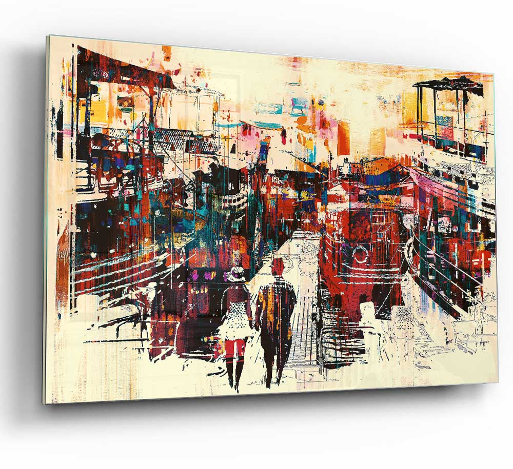 Adventure In The City glass print featuring vibrant modern art design, perfect for home decor.