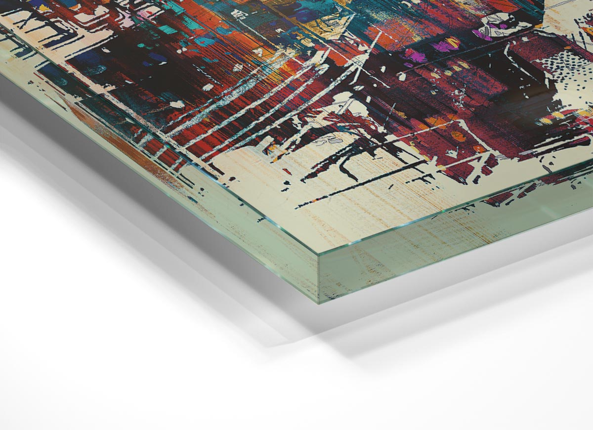 Adventure In The City glass print featuring vibrant modern art design, perfect for home decor.