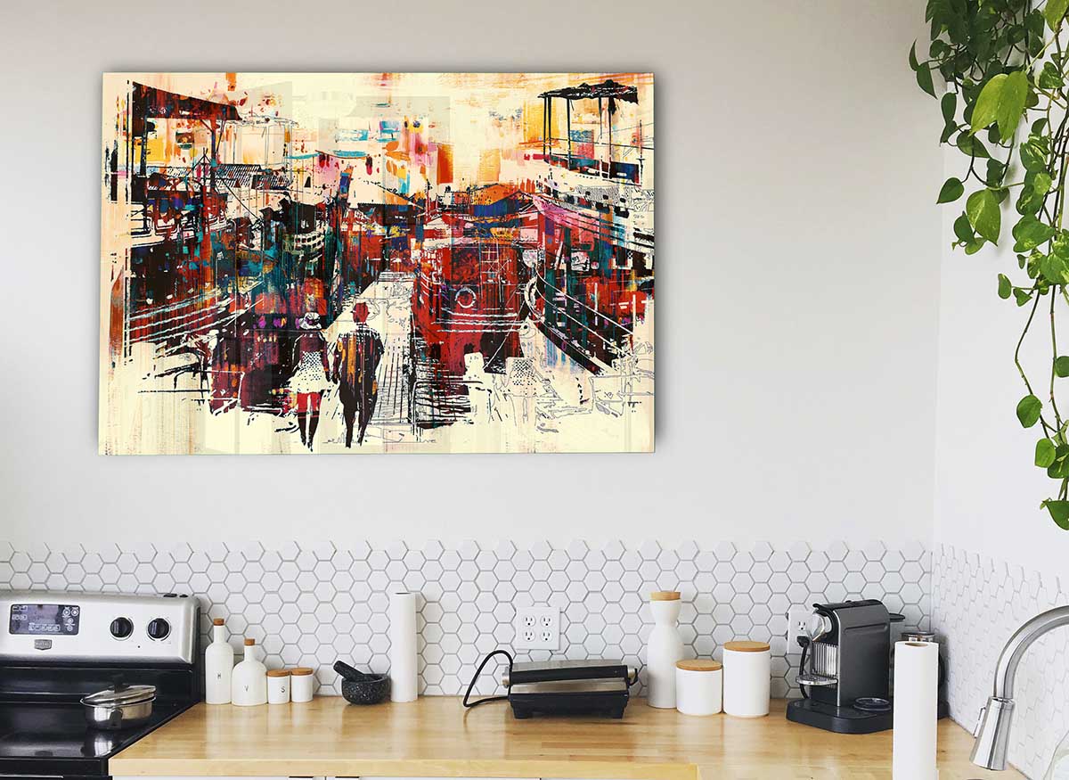 Adventure In The City glass print featuring vibrant modern art design, perfect for home decor.