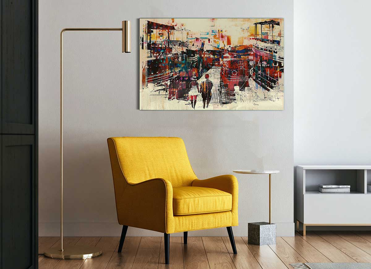 Adventure In The City glass print featuring vibrant modern art design, perfect for home decor.