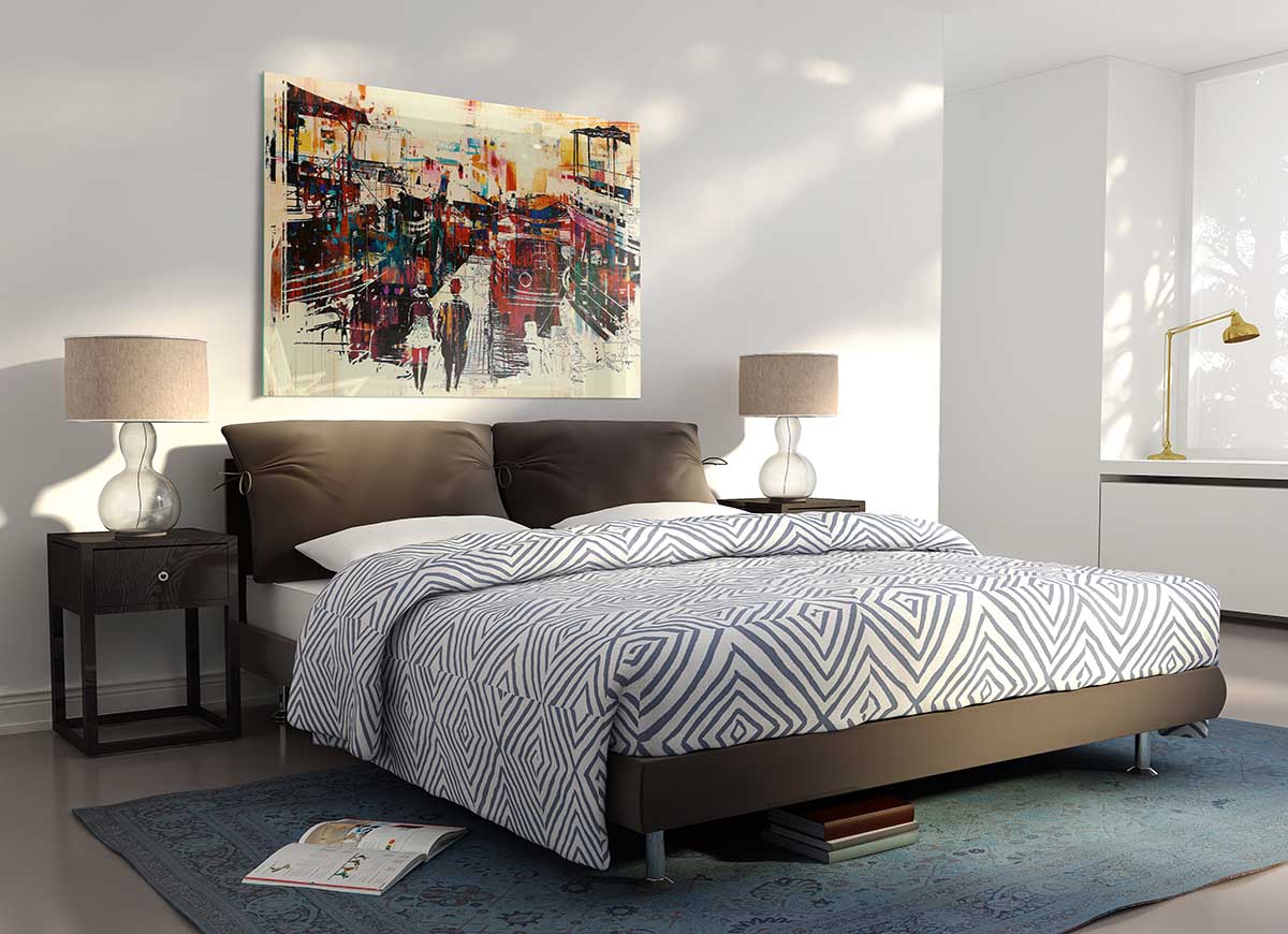 Adventure In The City glass print featuring vibrant modern art design, perfect for home decor.