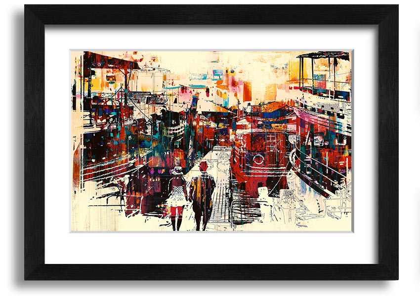 A beautifully framed print titled 'Adventure In The City', showcasing vibrant urban scenery, available in various frame colors.