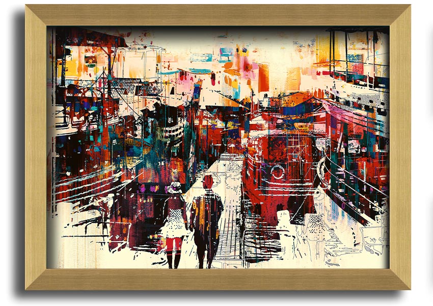 A beautifully framed print titled 'Adventure In The City', showcasing vibrant urban scenery, available in various frame colors.