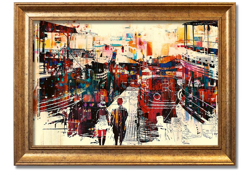 A beautifully framed print titled 'Adventure In The City', showcasing vibrant urban scenery, available in various frame colors.