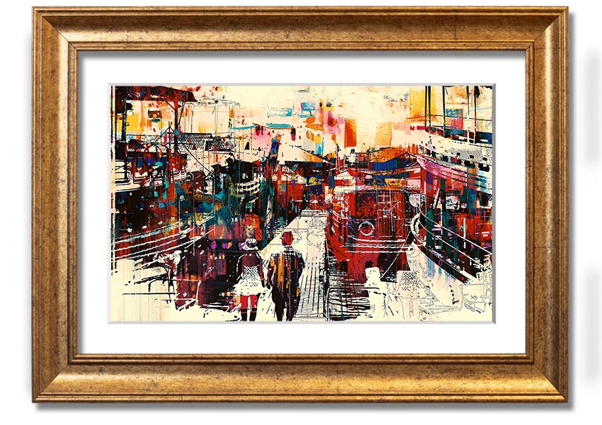 A beautifully framed print titled 'Adventure In The City', showcasing vibrant urban scenery, available in various frame colors.