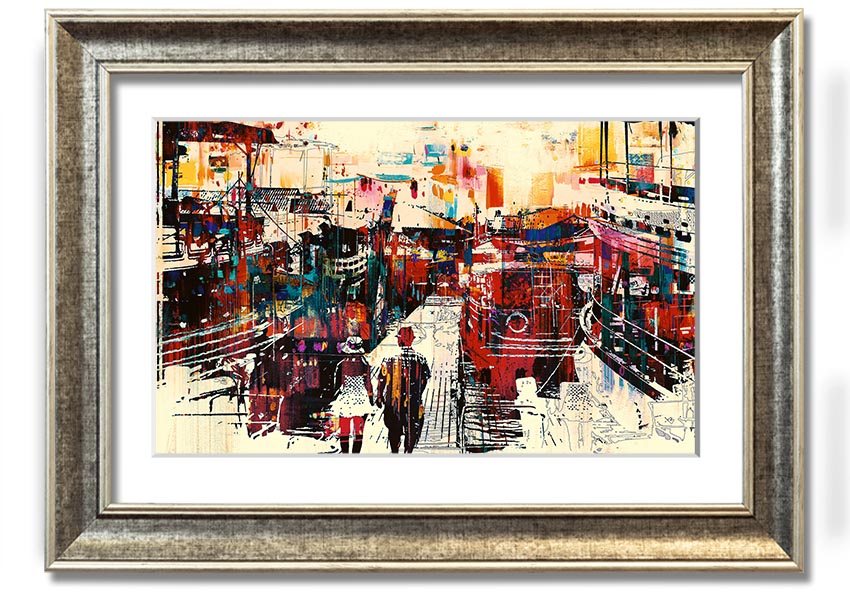 A beautifully framed print titled 'Adventure In The City', showcasing vibrant urban scenery, available in various frame colors.