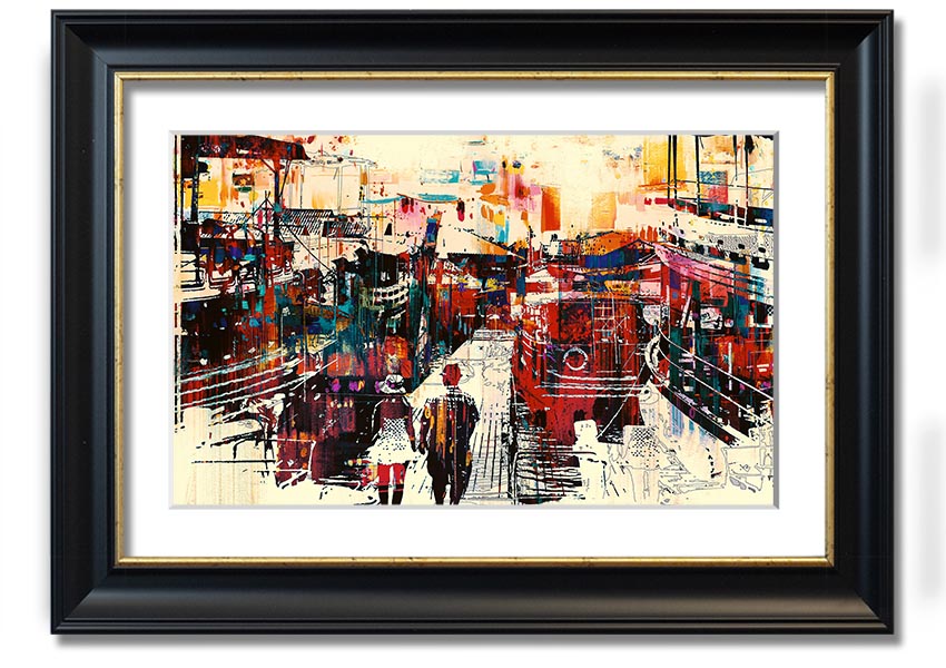 A beautifully framed print titled 'Adventure In The City', showcasing vibrant urban scenery, available in various frame colors.