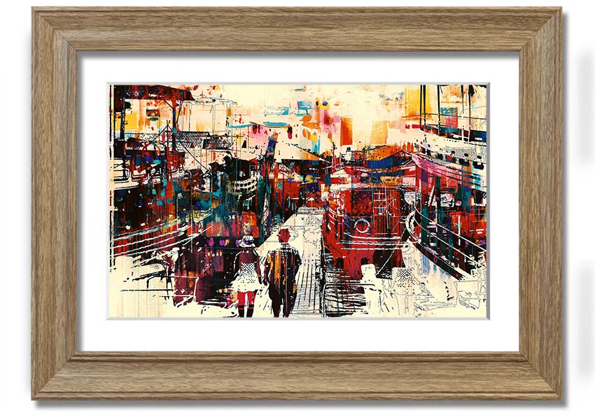 A beautifully framed print titled 'Adventure In The City', showcasing vibrant urban scenery, available in various frame colors.