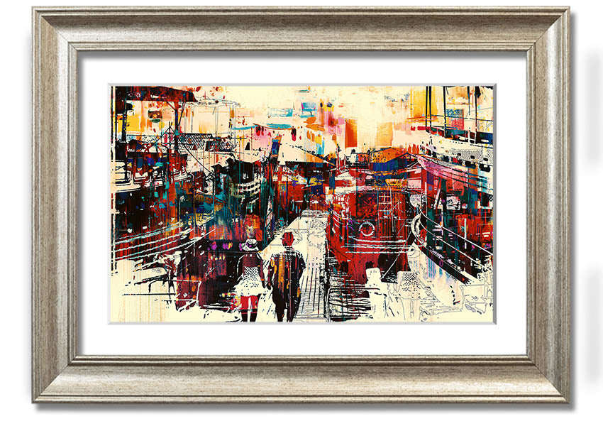 A beautifully framed print titled 'Adventure In The City', showcasing vibrant urban scenery, available in various frame colors.