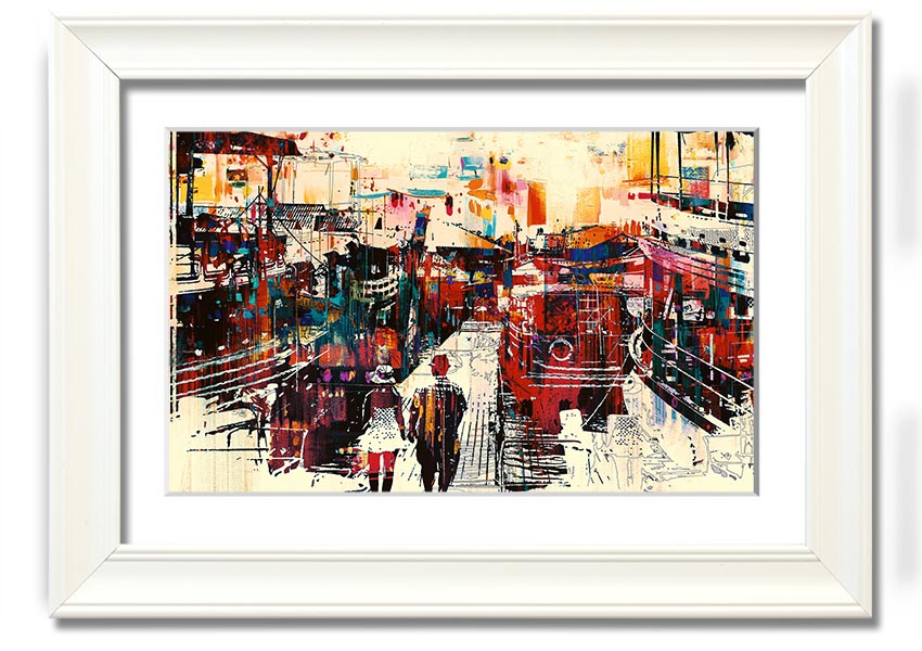 A beautifully framed print titled 'Adventure In The City', showcasing vibrant urban scenery, available in various frame colors.