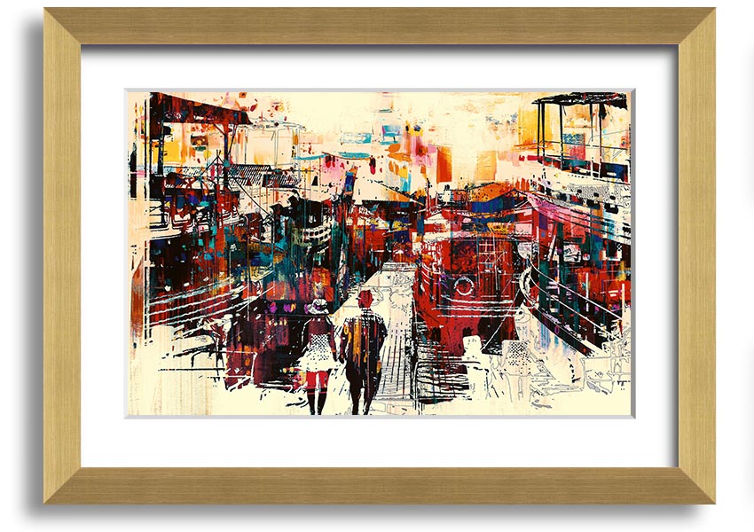 A beautifully framed print titled 'Adventure In The City', showcasing vibrant urban scenery, available in various frame colors.