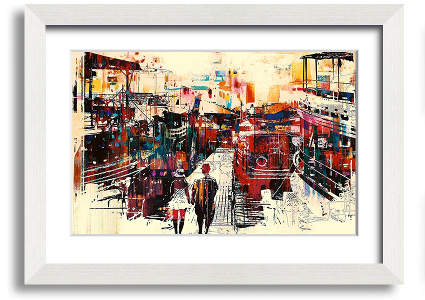 A beautifully framed print titled 'Adventure In The City', showcasing vibrant urban scenery, available in various frame colors.