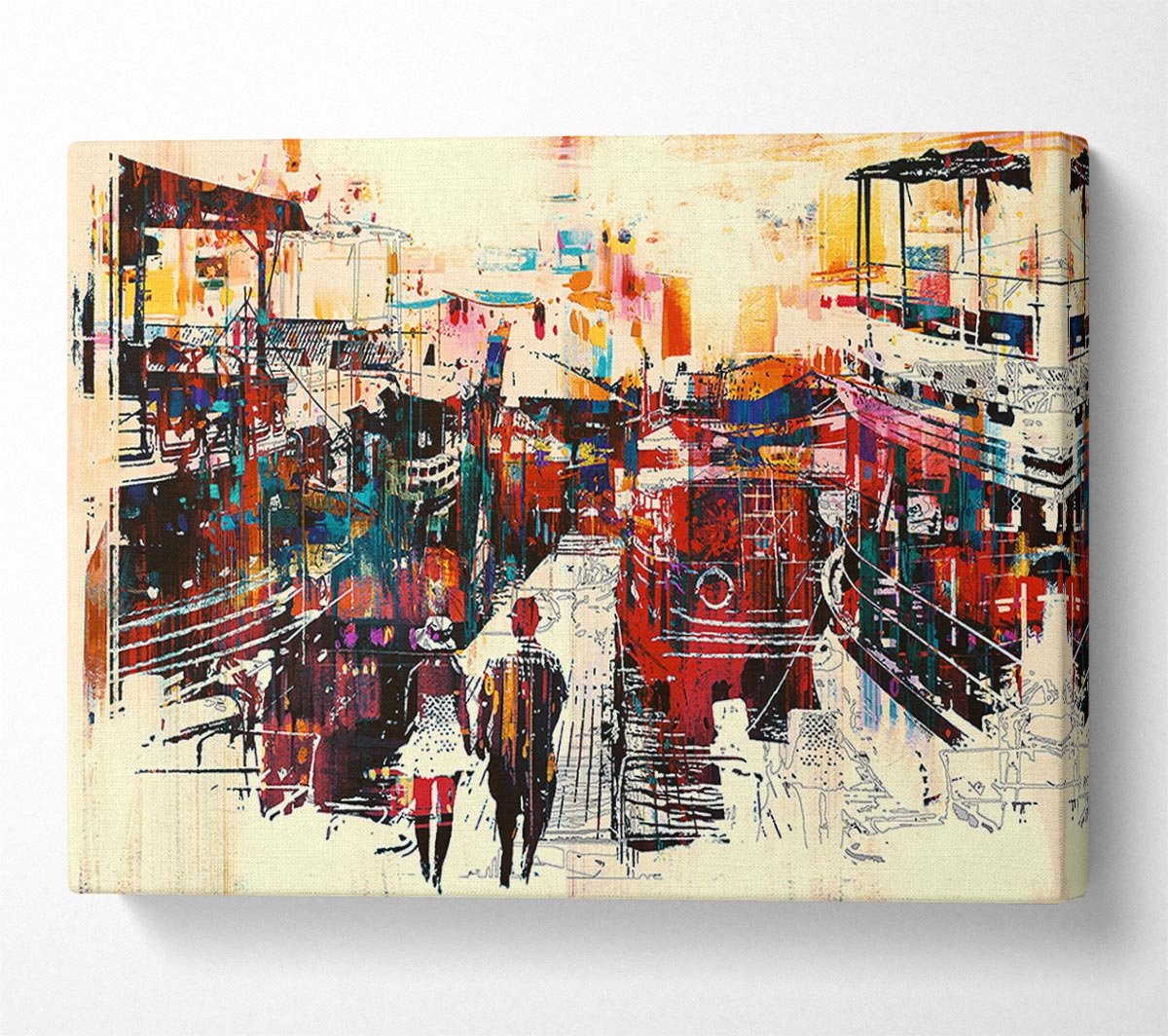 Adventure In The City canvas artwork mounted on a 44mm box frame, showcasing vibrant urban landscape colors.