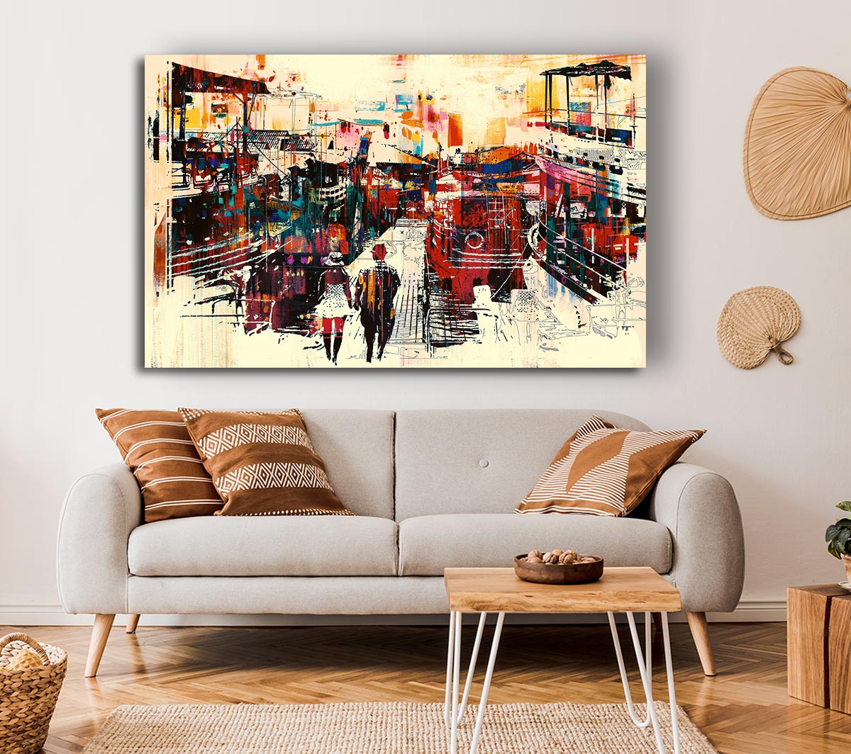 Adventure In The City canvas artwork mounted on a 44mm box frame, showcasing vibrant urban landscape colors.