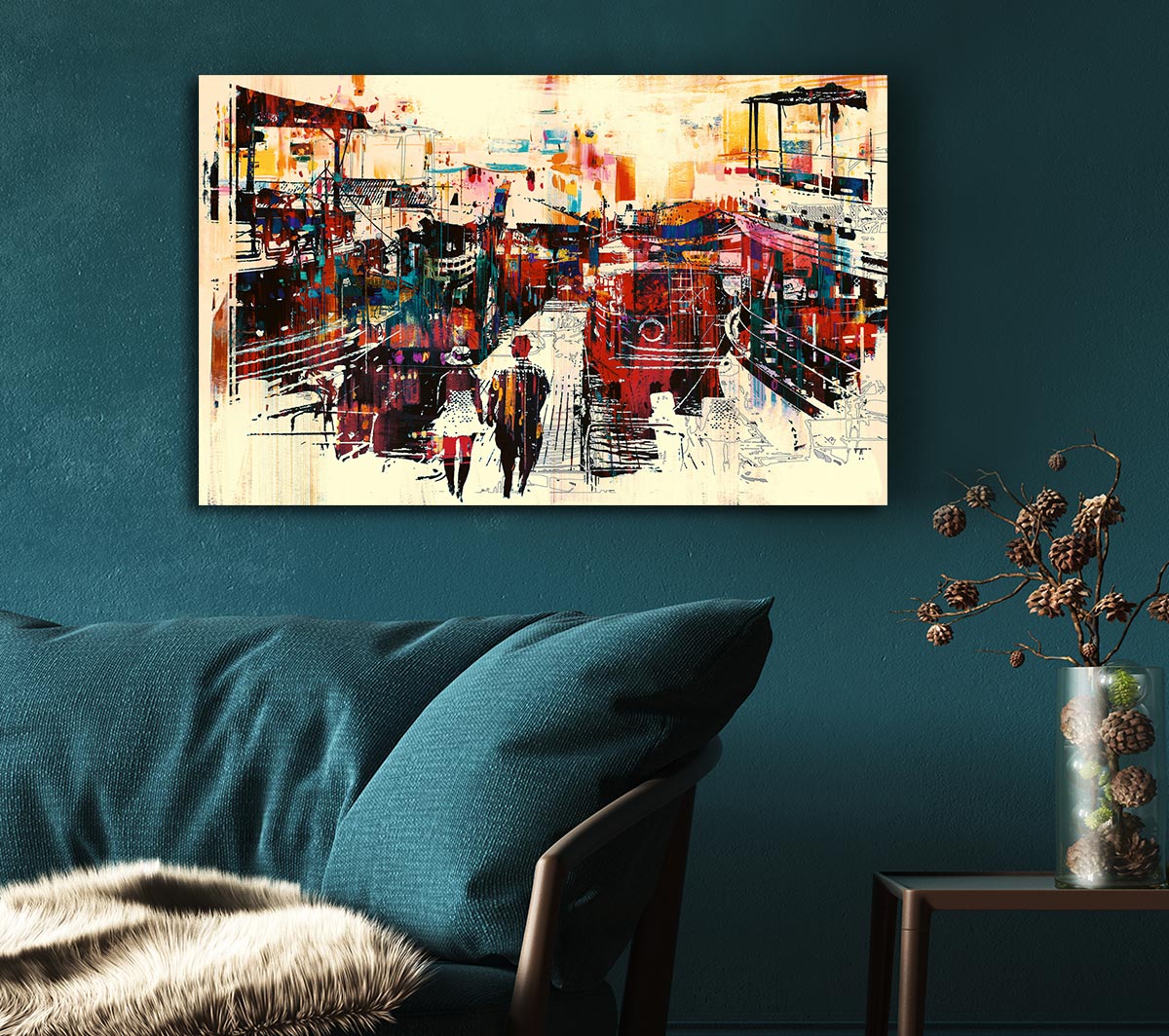 Adventure In The City canvas artwork mounted on a 44mm box frame, showcasing vibrant urban landscape colors.