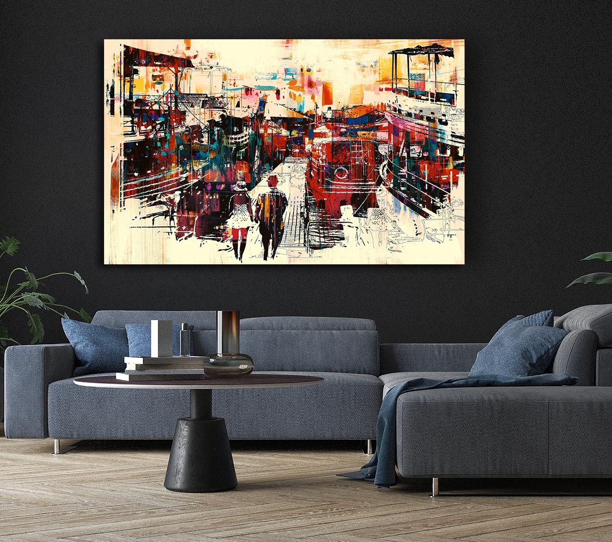 Adventure In The City canvas artwork mounted on a 44mm box frame, showcasing vibrant urban landscape colors.