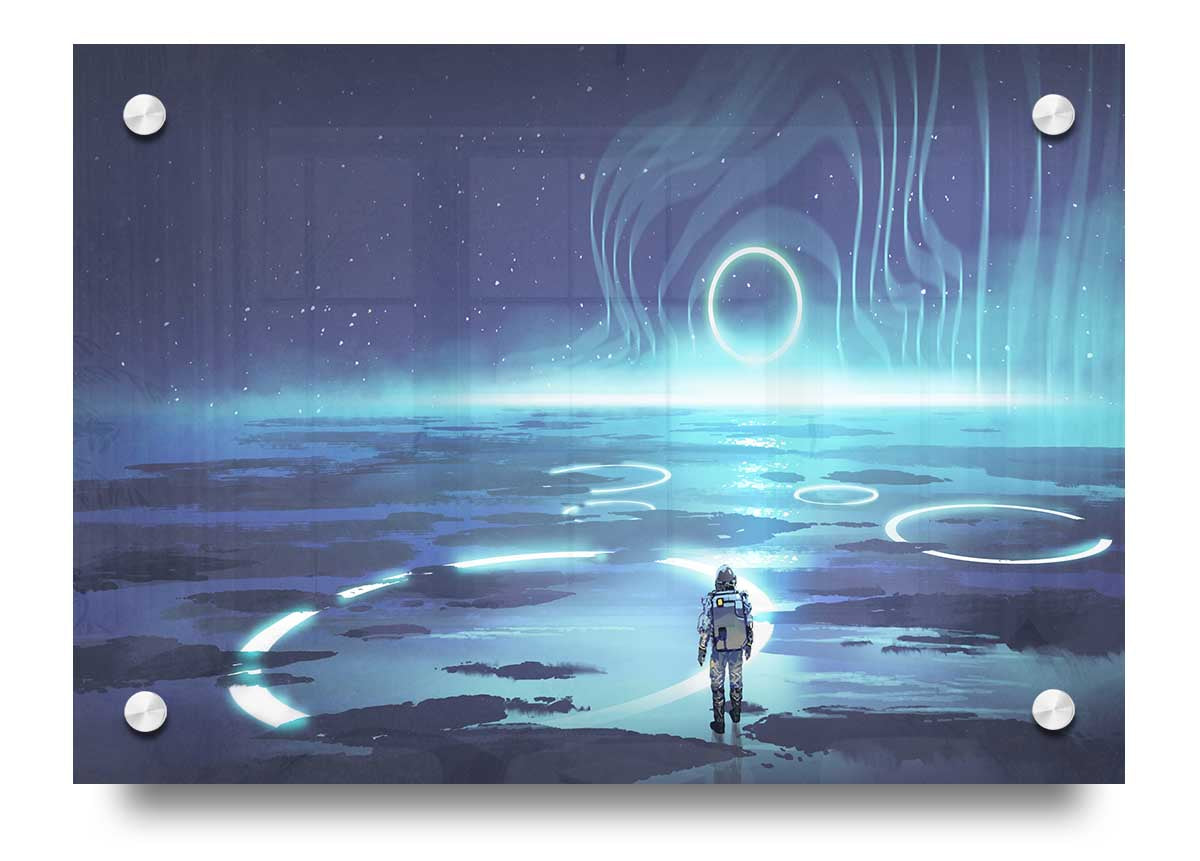 Acrylic print titled 'Adventure Waits In The Cosmos' featuring vibrant cosmic imagery, ready to hang on a wall.