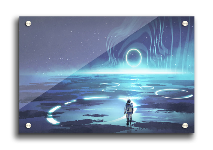 Acrylic print titled 'Adventure Waits In The Cosmos' featuring vibrant cosmic imagery, ready to hang on a wall.