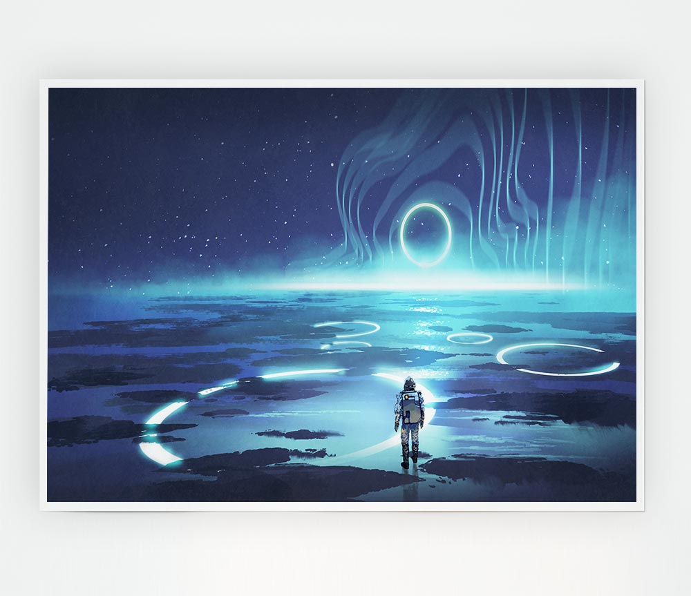 Adventure Waits In The Cosmos poster on high-quality canvas, showcasing vibrant cosmic imagery.