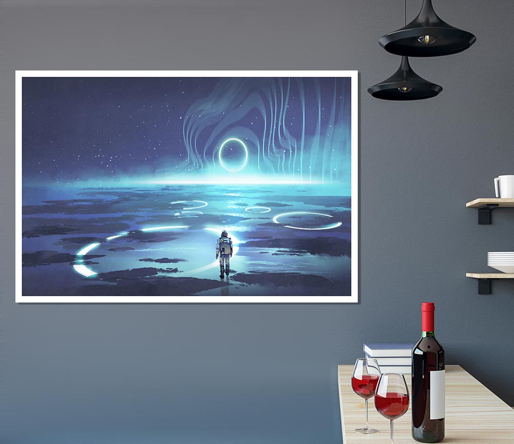 Adventure Waits In The Cosmos poster on high-quality canvas, showcasing vibrant cosmic imagery.